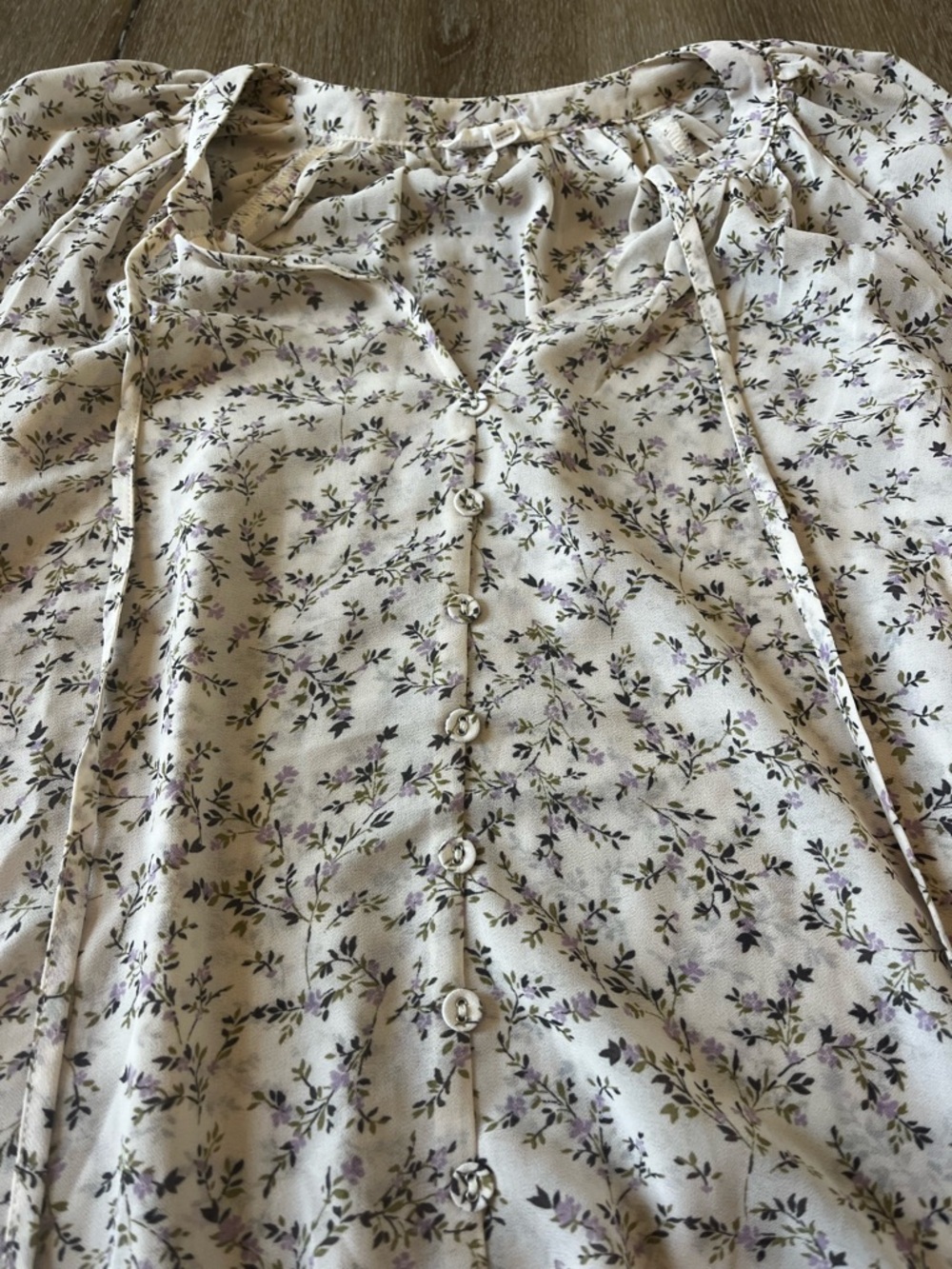 Blu Pepper Cream Floral Button-Front Peasant Top with Purple and Green Sprigs